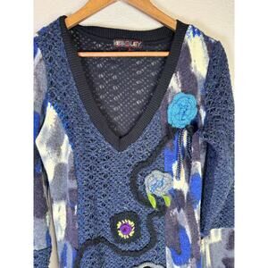 Kessley Boho Knit Sweater Dress Medium Blue Multi Floral Crochet‎ Artwear